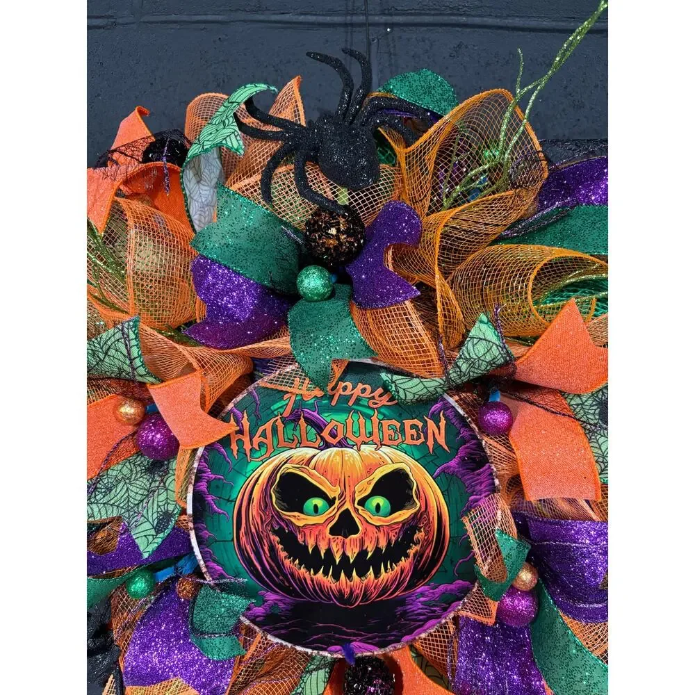 Halloween Wreath For Front Door Spooky Pumpkin Purple Orange Green 28 inch